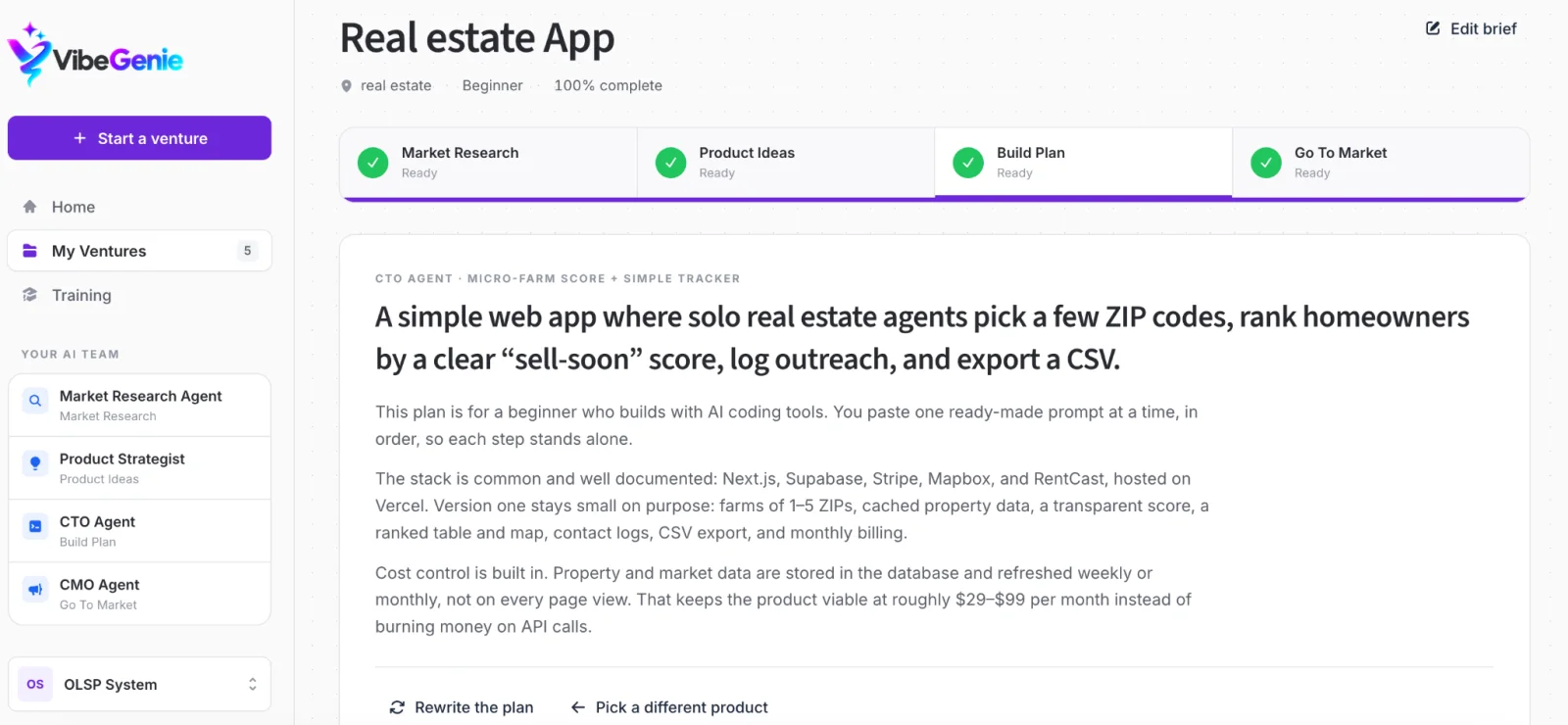 VibeGenie CTO creating a detailed step-by-step build plan