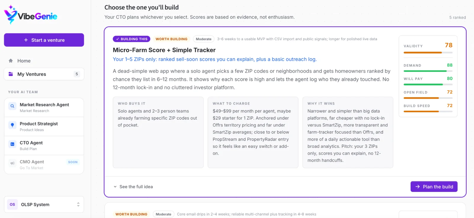 VibeGenie Product Strategist generating and validating software ideas